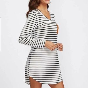 Suede Pocket Curved Hem Striped T-shirt Dress